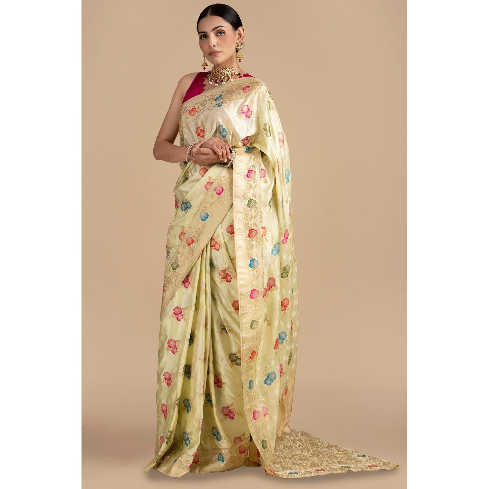 Zal from Benaras Cream Pure Katan Silk Banarasi Minakari Handloom Saree without Blouse