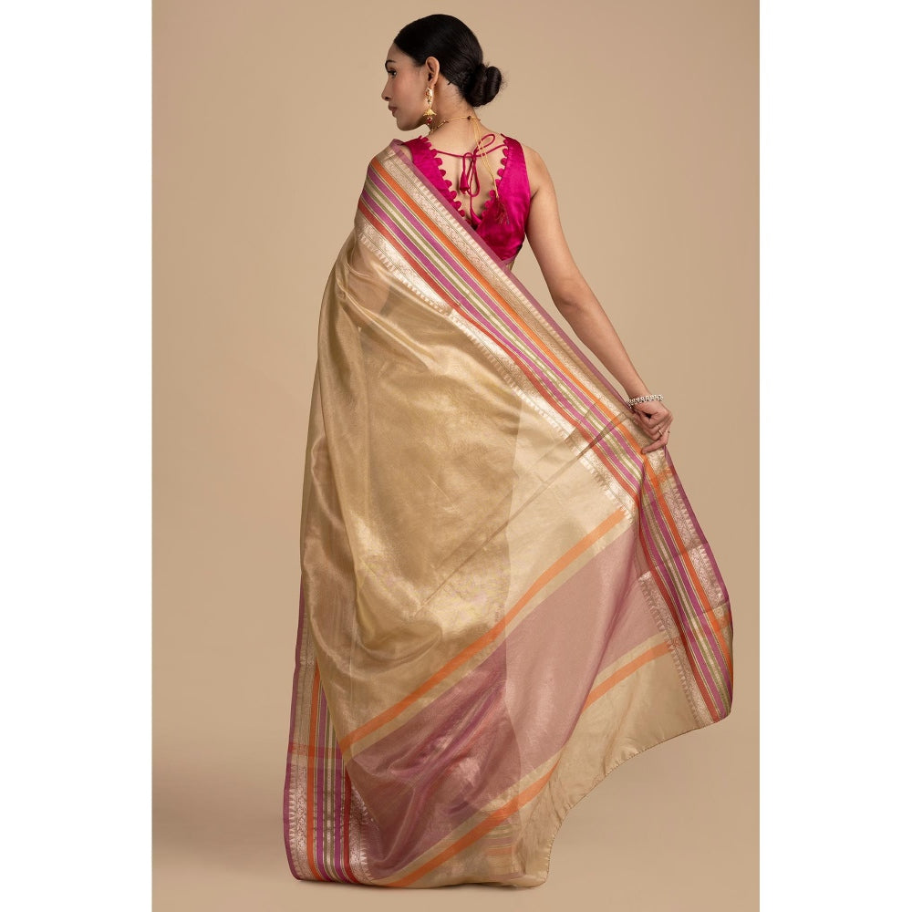 Zal from Benaras Beige Pure Tissue Silk Banarasi Handloom Saree without Blouse