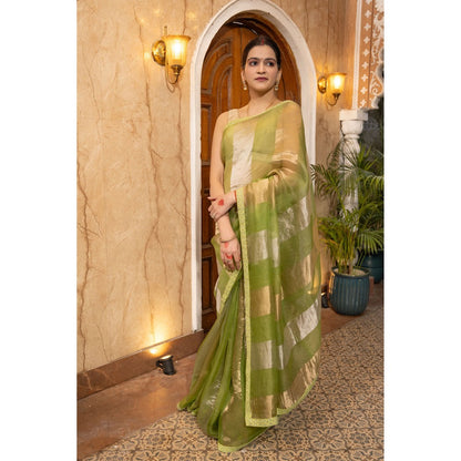Zal from Benaras Pista Green Pure Organza Silk Stripe Zari Saree without Blouse