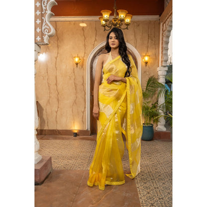 Zal from Benaras Lemon Yellow Pure Organza Silk Stripe Zari Saree without Blouse