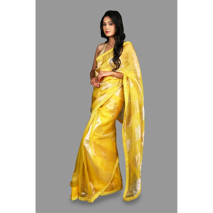 Zal from Benaras Lemon Yellow Pure Organza Silk Stripe Zari Saree without Blouse