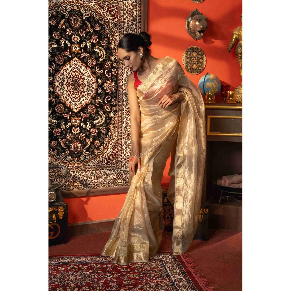 Zal from Benaras Golden Plain Pure Tissue Silk Banarasi Handloom Saree without Blouse
