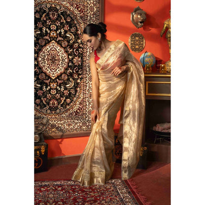 Zal from Benaras Golden Plain Pure Tissue Silk Banarasi Handloom Saree without Blouse