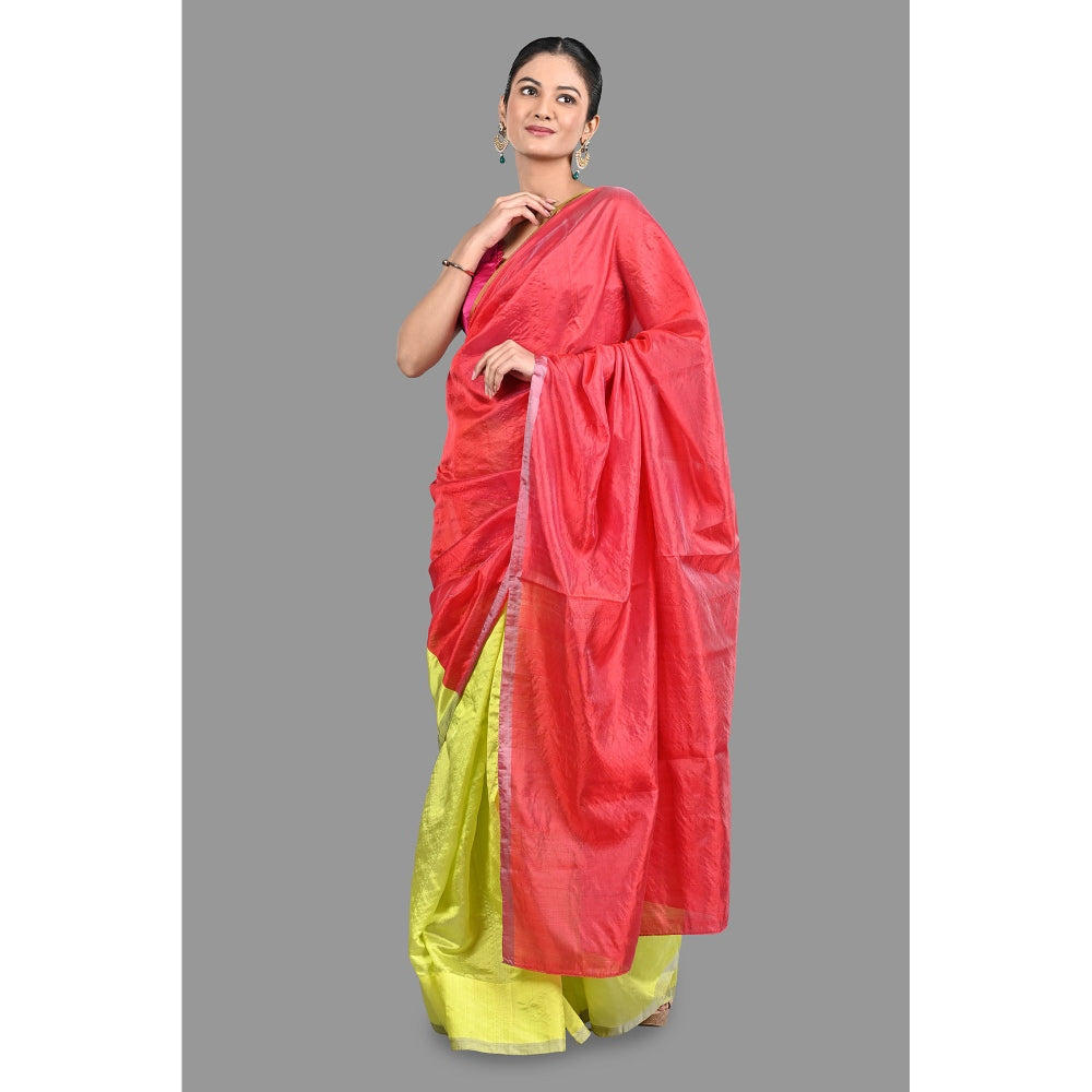 Zal from Benaras Neon Green Pure Chanderi Silk Saree without Blouse