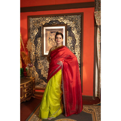 Zal from Benaras Neon Green Pure Chanderi Silk Saree without Blouse