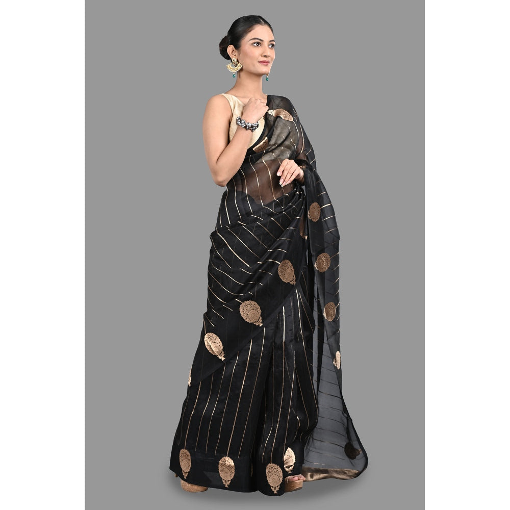 Zal from Benaras Black Pure Organza Silk Banarasi Handloom Saree without Blouse