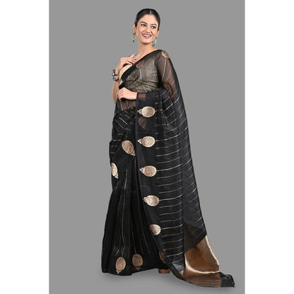 Zal from Benaras Black Pure Organza Silk Banarasi Handloom Saree without Blouse