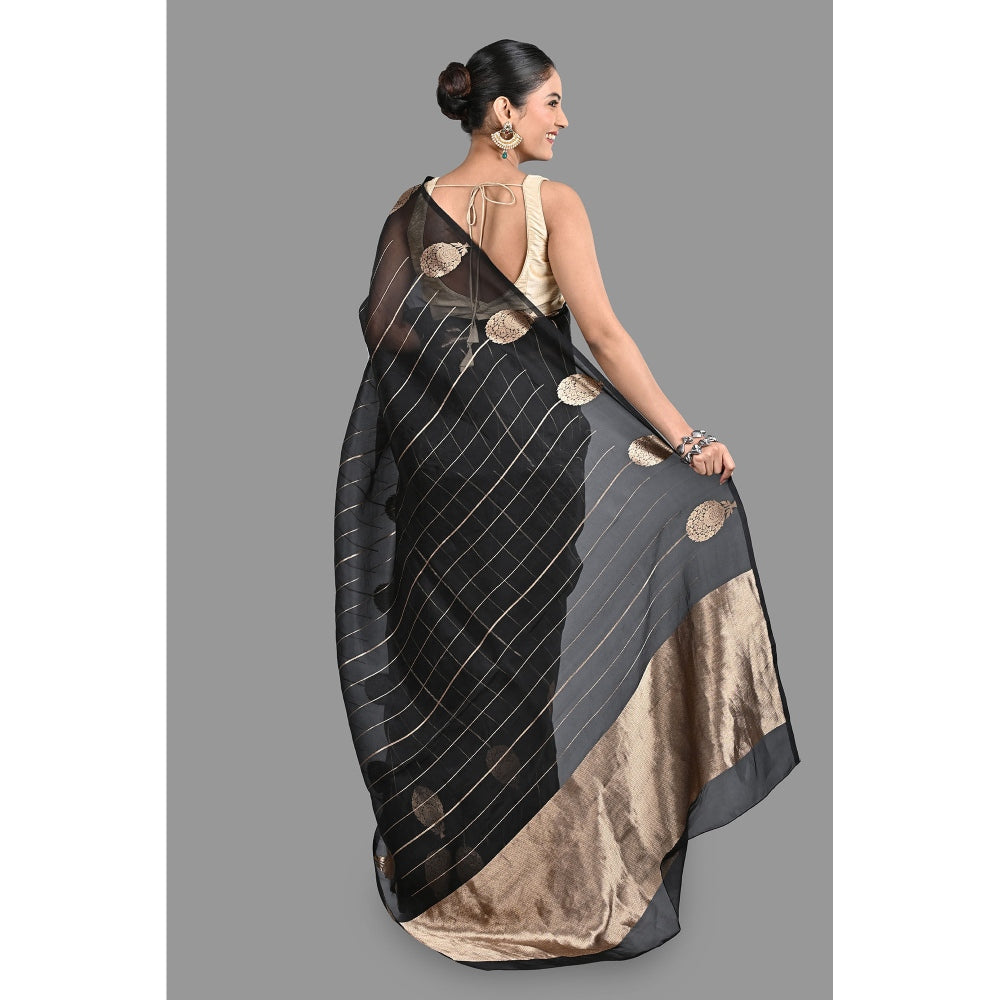 Zal from Benaras Black Pure Organza Silk Banarasi Handloom Saree without Blouse