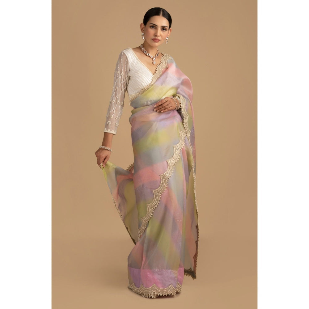 Zal from Benaras Pastel Multicoloured Pearl Handwork Saree with Stitched Blouse