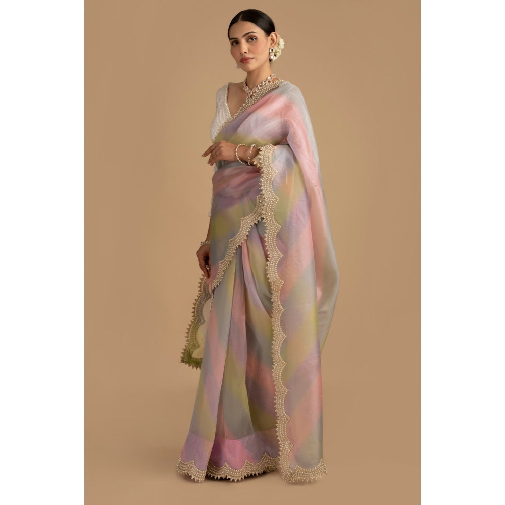 Zal from Benaras Pastel Multicoloured Pearl Handwork Saree with Stitched Blouse