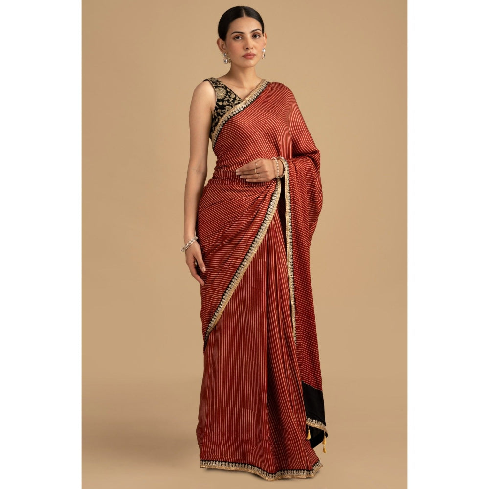 Zal from Benaras Red Bandhej Stripes Crepe Silk Banarasi Saree with Stitched Blouse