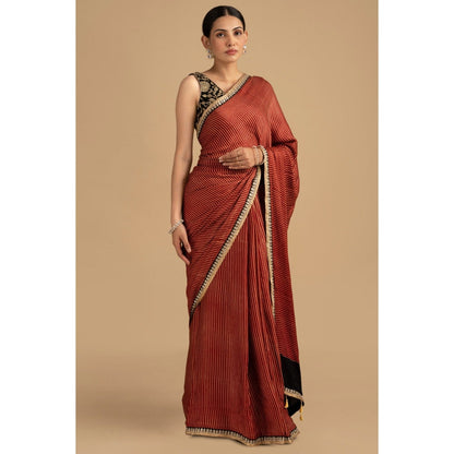 Zal from Benaras Red Bandhej Stripes Crepe Silk Banarasi Saree with Stitched Blouse