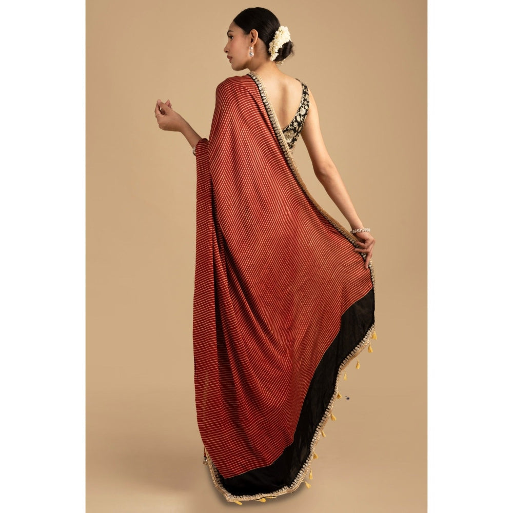Zal from Benaras Red Bandhej Stripes Crepe Silk Banarasi Saree with Stitched Blouse