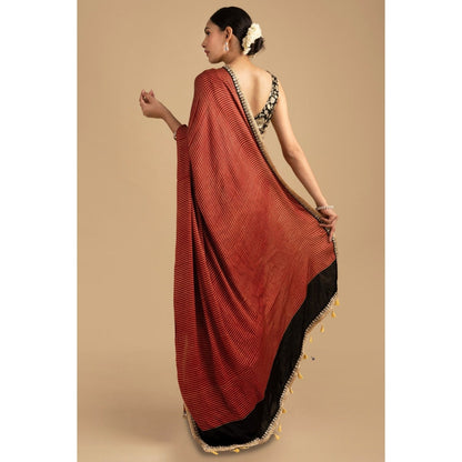Zal from Benaras Red Bandhej Stripes Crepe Silk Banarasi Saree with Stitched Blouse