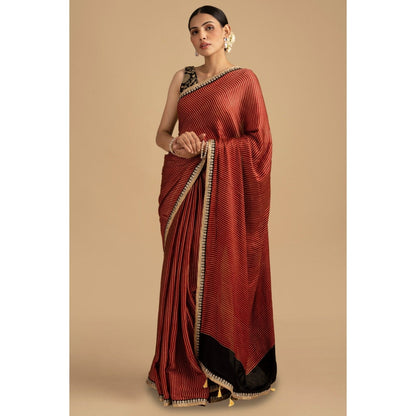 Zal from Benaras Red Bandhej Stripes Crepe Silk Banarasi Saree with Stitched Blouse