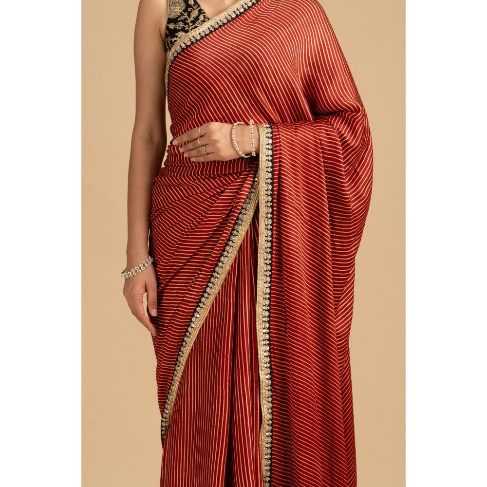 Zal from Benaras Red Bandhej Stripes Crepe Silk Banarasi Saree with Stitched Blouse