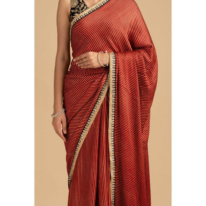 Zal from Benaras Red Bandhej Stripes Crepe Silk Banarasi Saree with Stitched Blouse