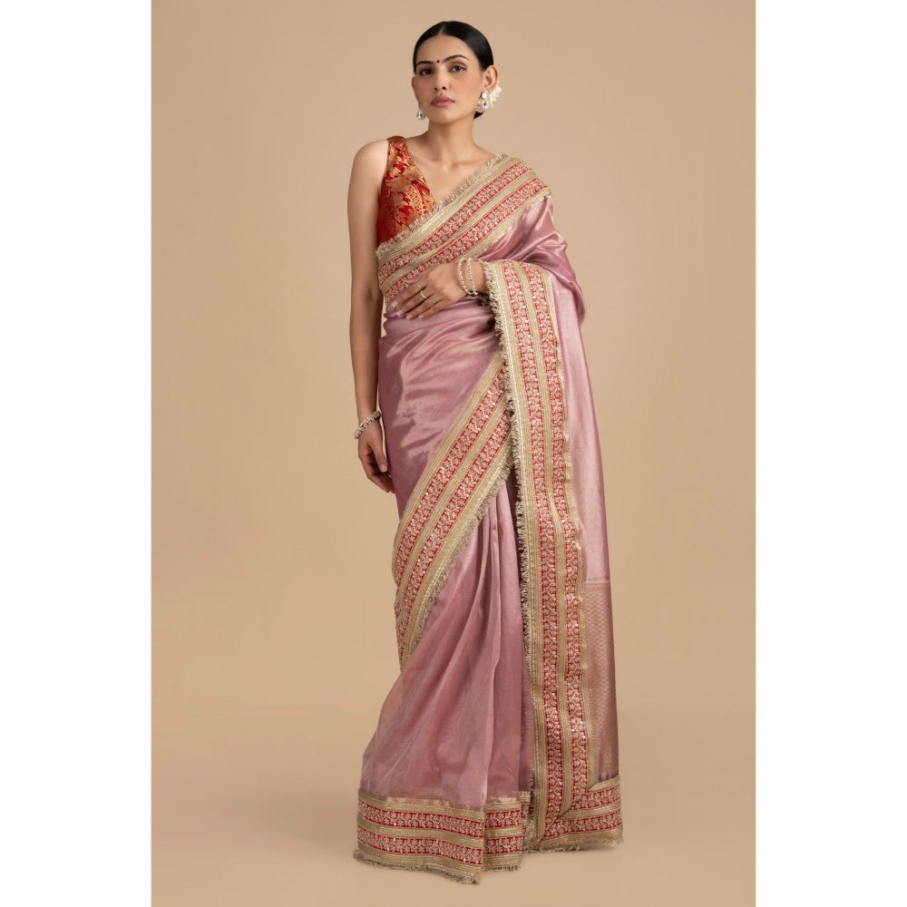 Zal from Benaras Pastel Pink Pure Tissue Silk Banarasi Handwork Saree with Stitched Blouse