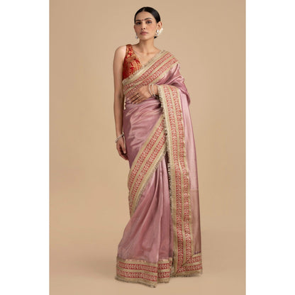 Zal from Benaras Pastel Pink Pure Tissue Silk Banarasi Handwork Saree with Stitched Blouse