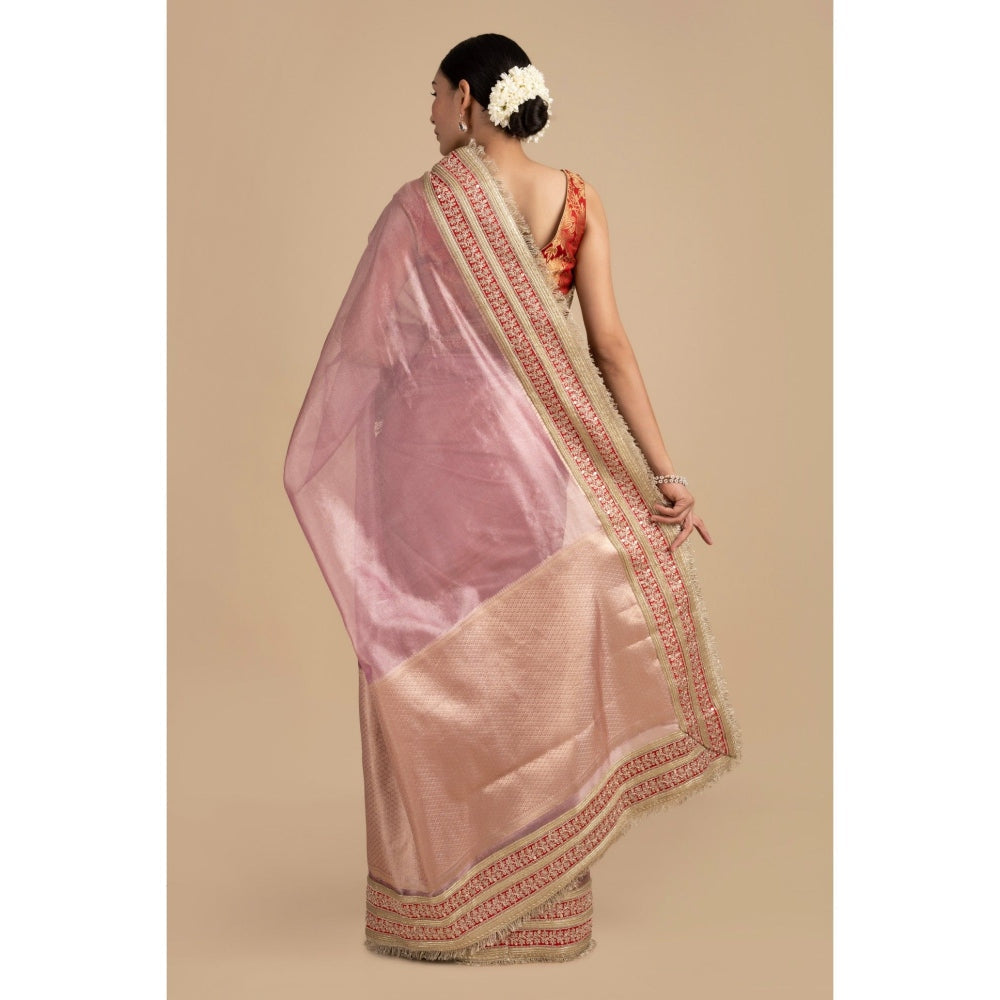 Zal from Benaras Pastel Pink Pure Tissue Silk Banarasi Handwork Saree with Stitched Blouse