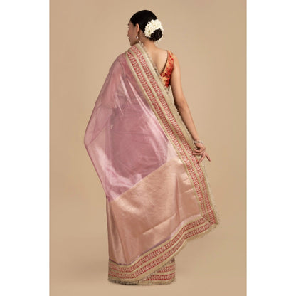 Zal from Benaras Pastel Pink Pure Tissue Silk Banarasi Handwork Saree with Stitched Blouse