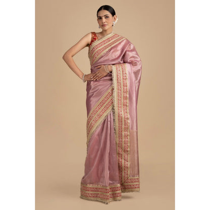 Zal from Benaras Pastel Pink Pure Tissue Silk Banarasi Handwork Saree with Stitched Blouse