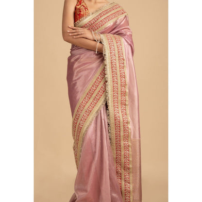 Zal from Benaras Pastel Pink Pure Tissue Silk Banarasi Handwork Saree with Stitched Blouse