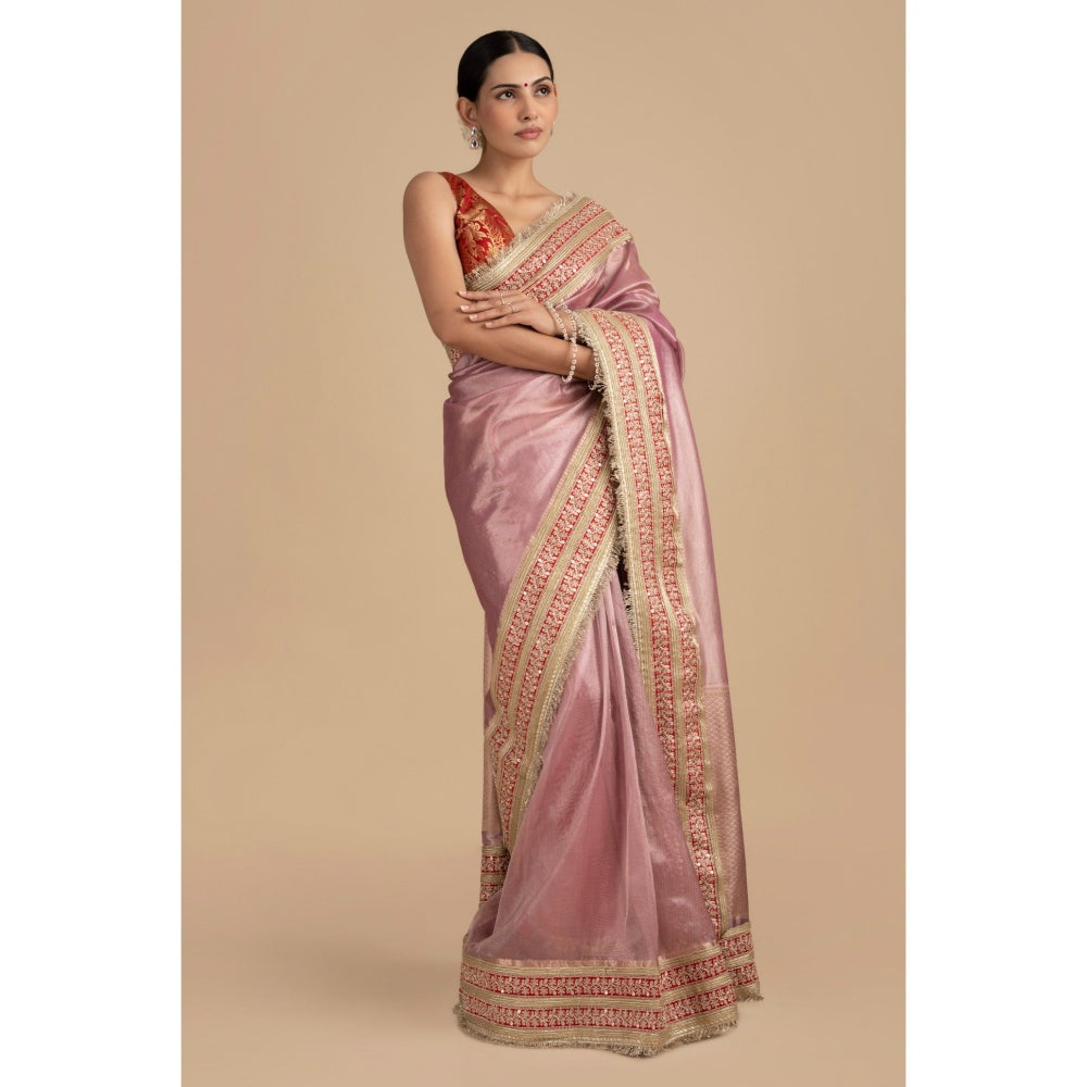 Zal from Benaras Pastel Pink Pure Tissue Silk Banarasi Handwork Saree with Stitched Blouse