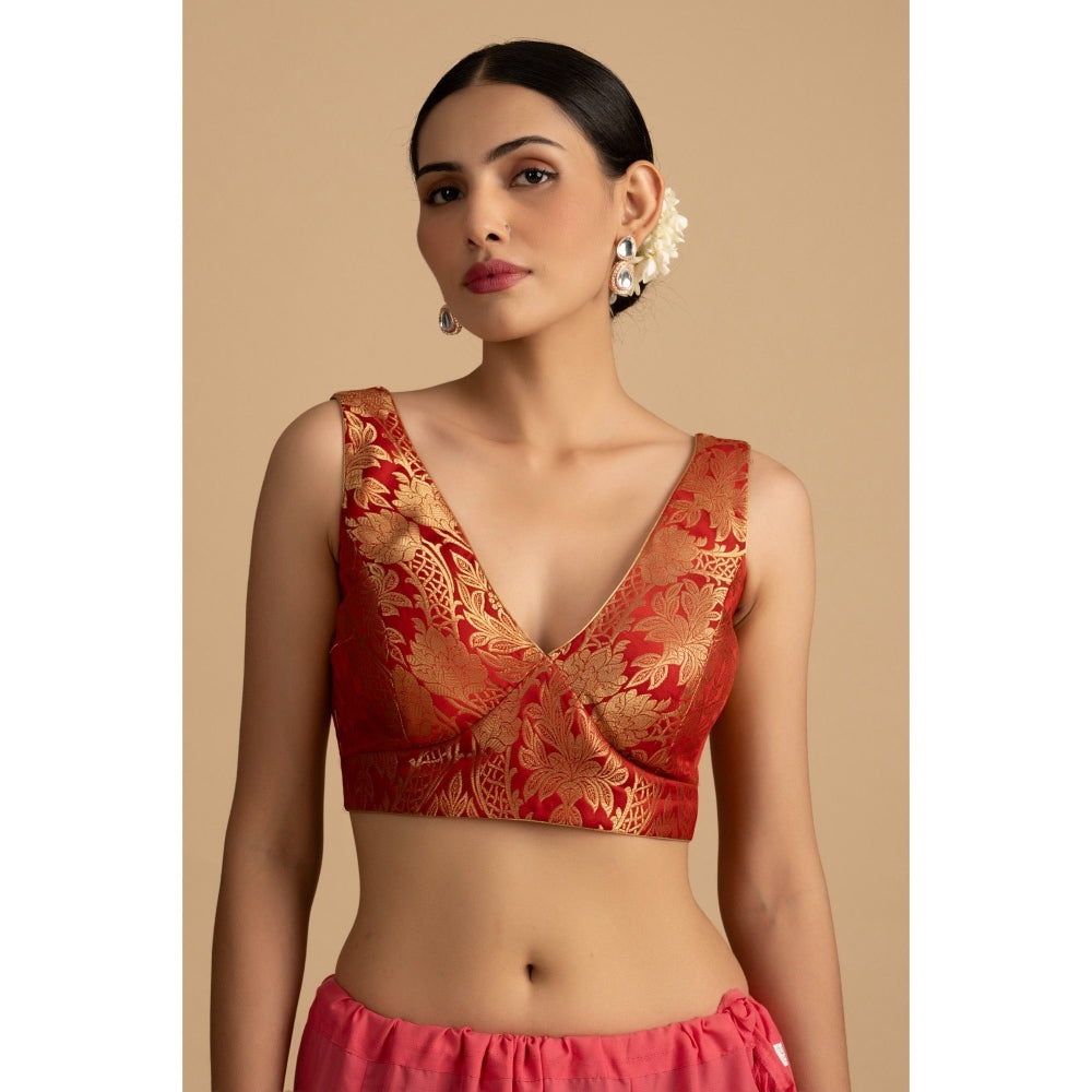 Zal from Benaras Pastel Pink Pure Tissue Silk Banarasi Handwork Saree with Stitched Blouse