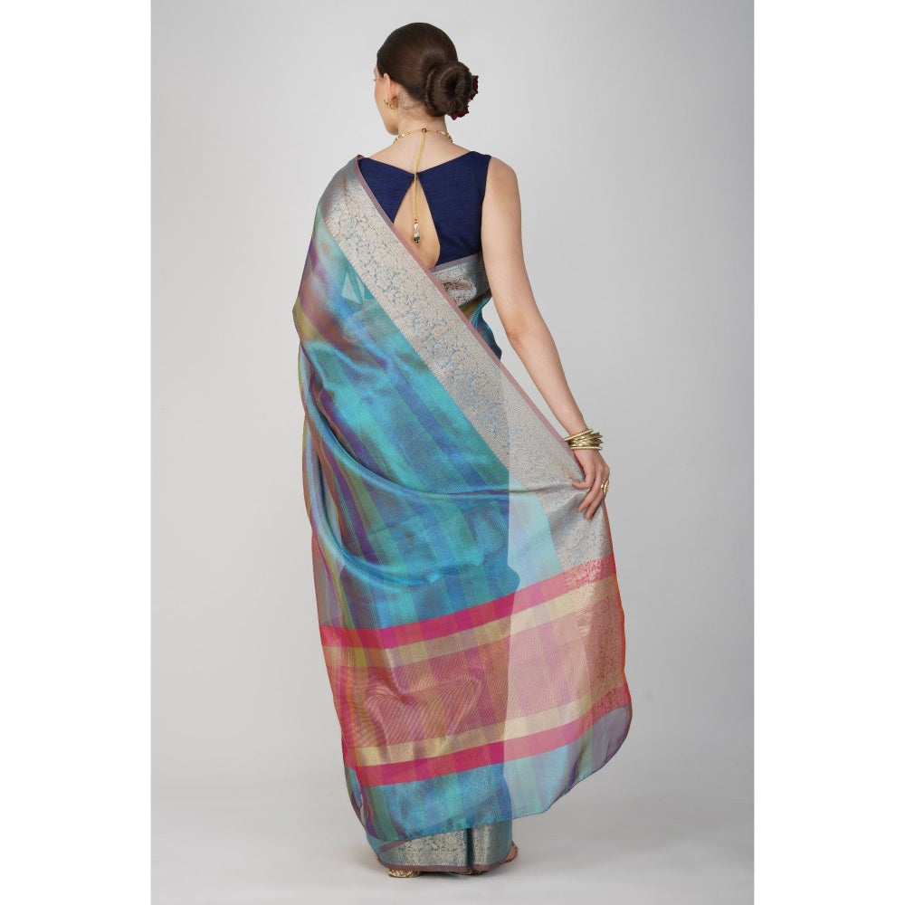 Zal from Benaras Blue Shaded Tissue Silk Banarasi Handloom Saree without Blouse