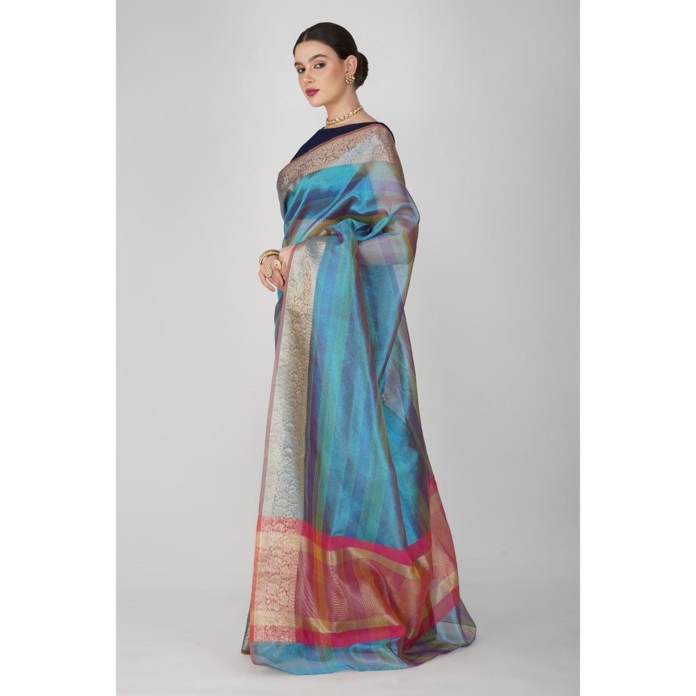 Zal from Benaras Blue Shaded Tissue Silk Banarasi Handloom Saree without Blouse