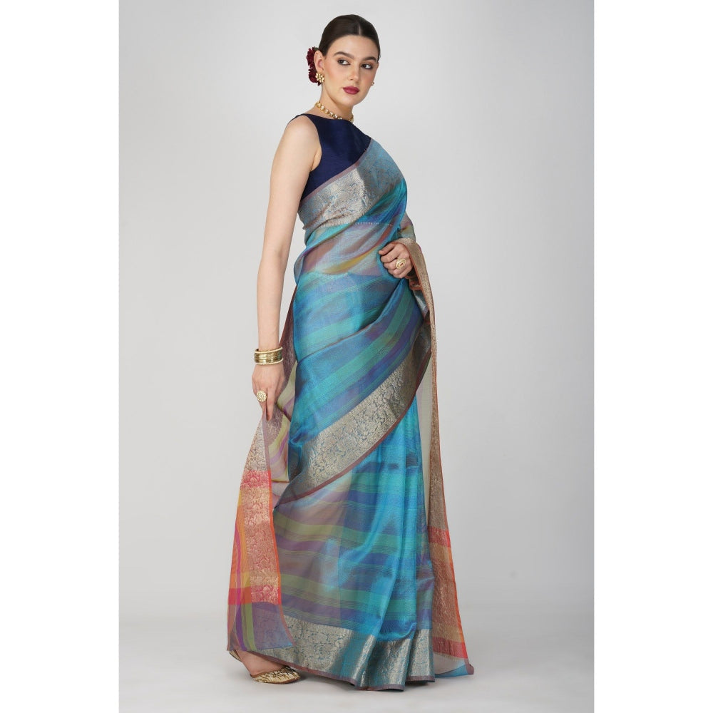 Zal from Benaras Blue Shaded Tissue Silk Banarasi Handloom Saree without Blouse