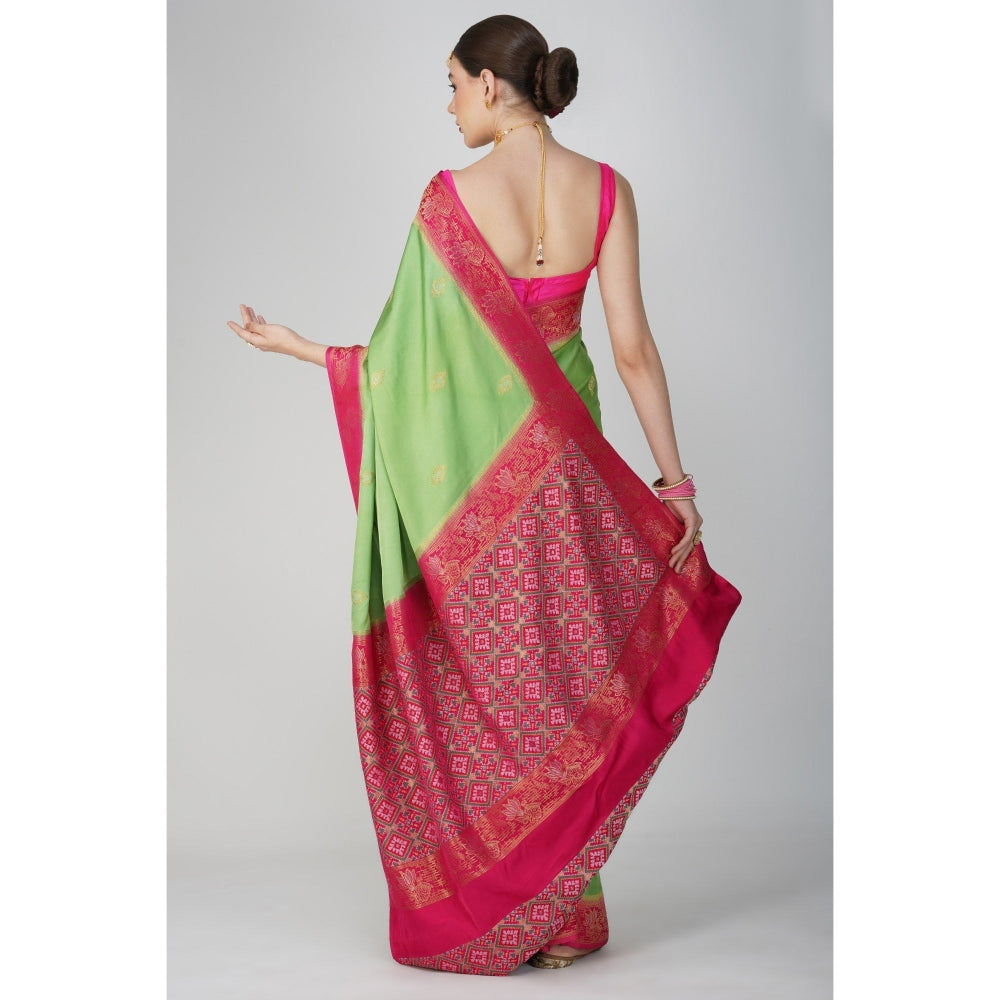 Zal from Benaras Parrot Green Pure Katan Silk Banarsi Handloom Saree without Blouse