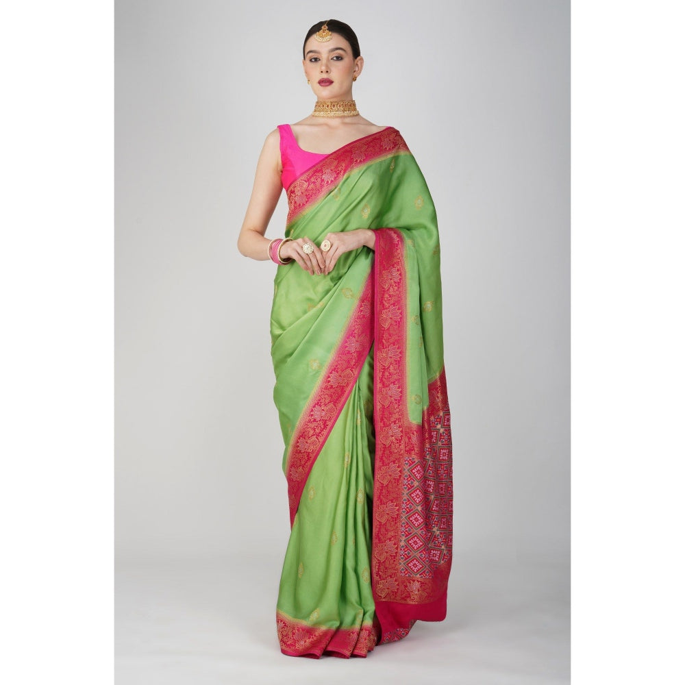 Zal from Benaras Parrot Green Pure Katan Silk Banarsi Handloom Saree without Blouse