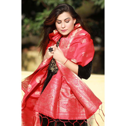 Zal from Benaras Red Pure Katan Silk Banarasi Handloom Dupatta