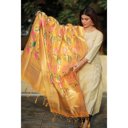 Zal from Benaras Yellow Pure Silk Banarasi Handloom Dupatta