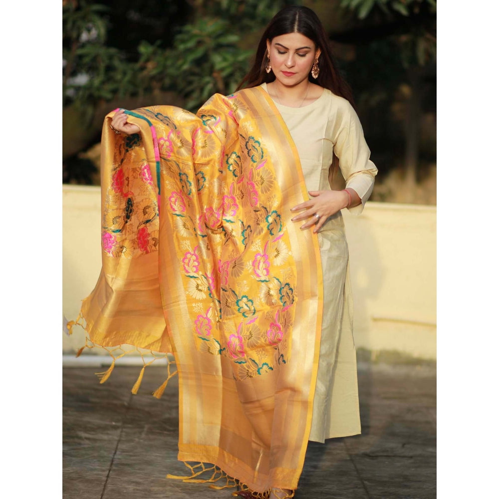 Zal from Benaras Yellow Pure Silk Banarasi Handloom Dupatta