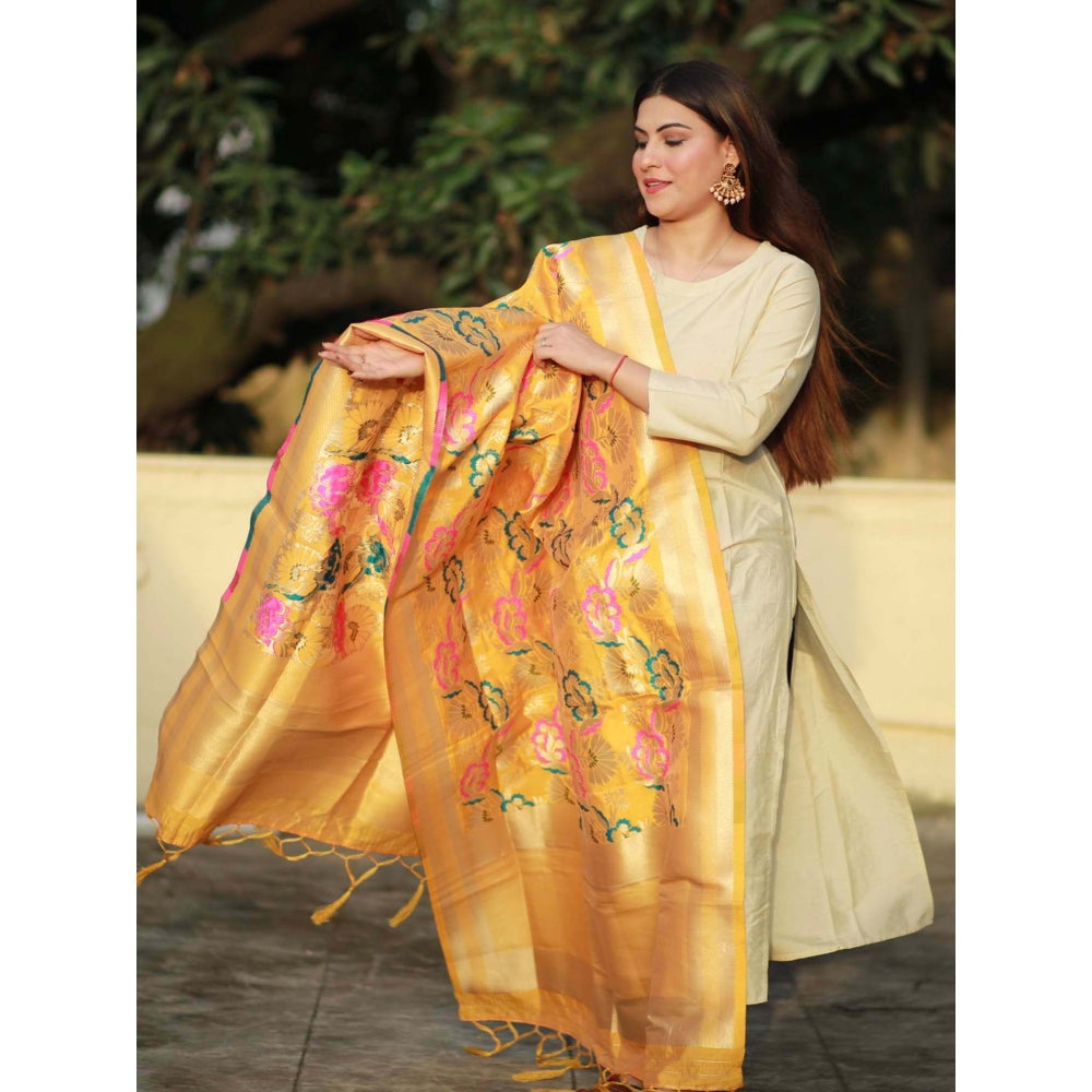 Zal from Benaras Yellow Pure Silk Banarasi Handloom Dupatta
