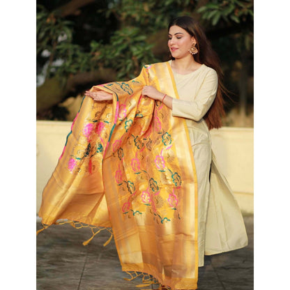 Zal from Benaras Yellow Pure Silk Banarasi Handloom Dupatta