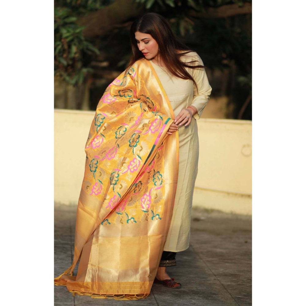 Zal from Benaras Yellow Pure Silk Banarasi Handloom Dupatta