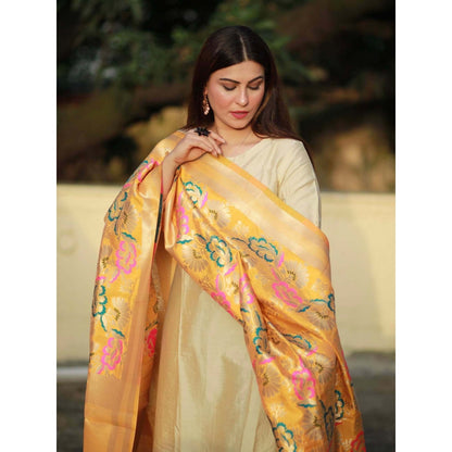Zal from Benaras Yellow Pure Silk Banarasi Handloom Dupatta