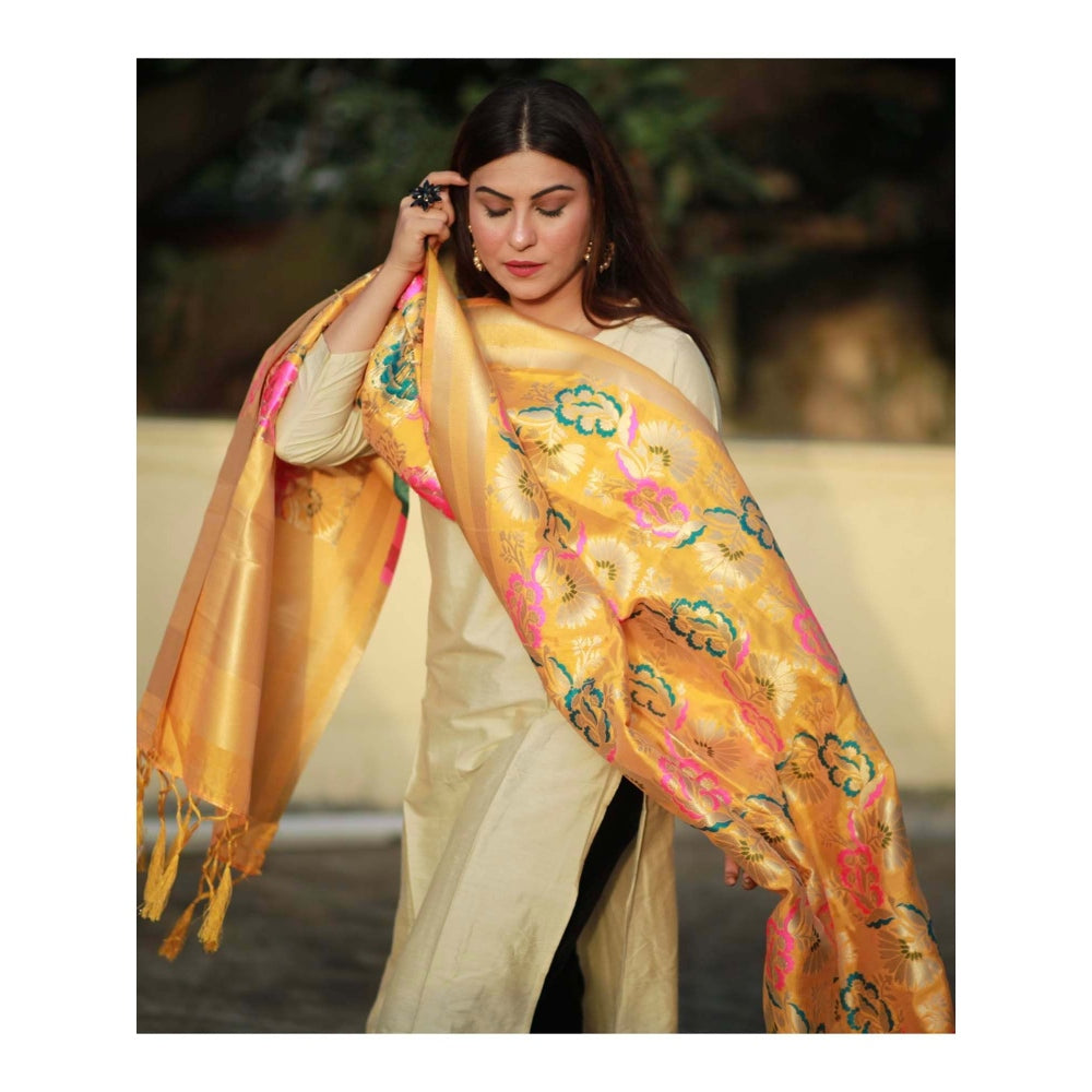 Zal from Benaras Yellow Pure Silk Banarasi Handloom Dupatta