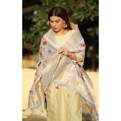 Zal from Benaras Blue Pure Silk Banarasi Handloom Dupatta