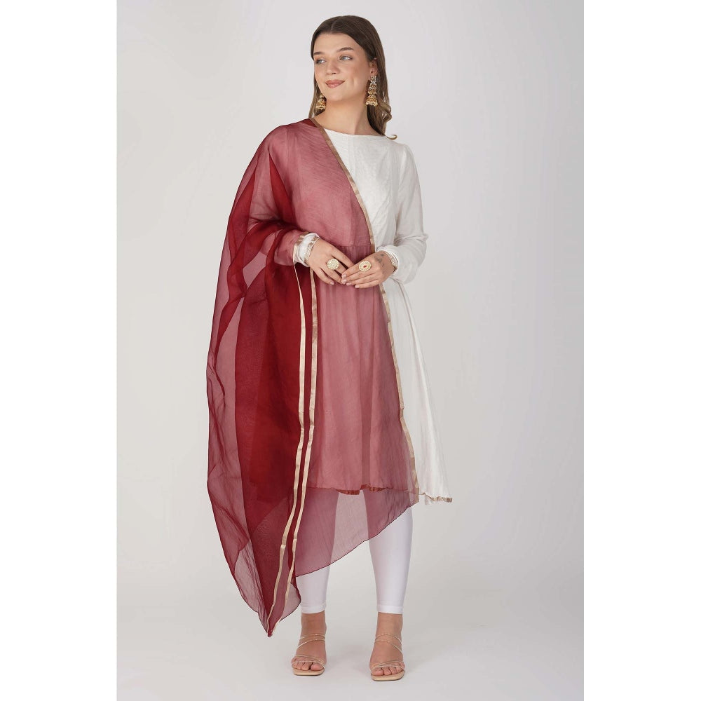 Zal from Benaras Maroon Pure Organza Silk Handloom Dupatta