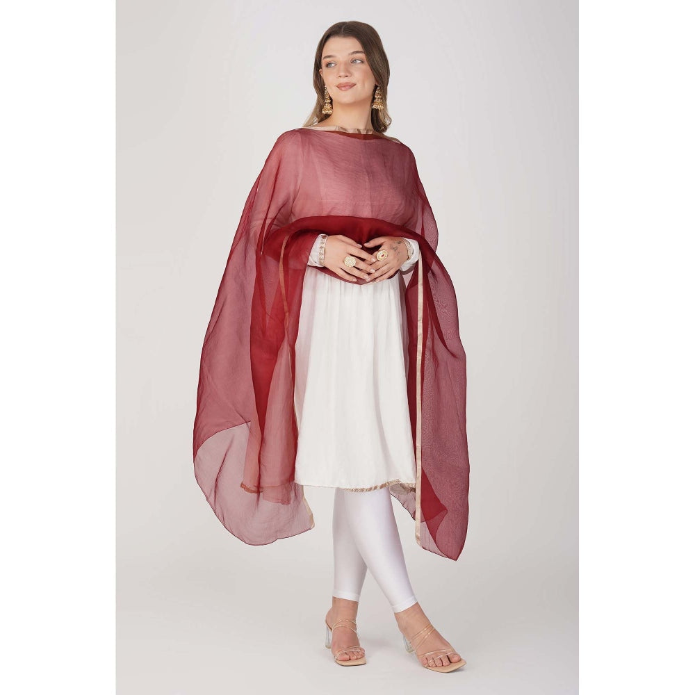 Zal from Benaras Maroon Pure Organza Silk Handloom Dupatta
