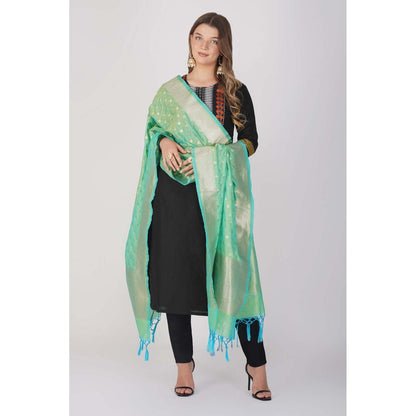 Zal from Benaras Bright Green Pure Linen Cotton Silk Banarasi Handloom Dupatta
