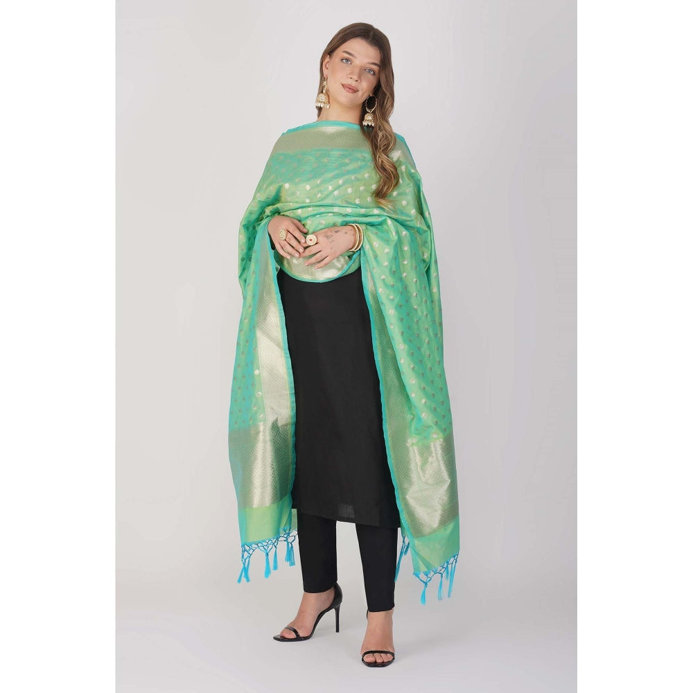 Zal from Benaras Bright Green Pure Linen Cotton Silk Banarasi Handloom Dupatta