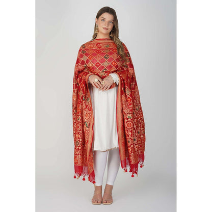 Zal from Benaras Red Pure Silk Bandani Banaras Handloom Dupatta