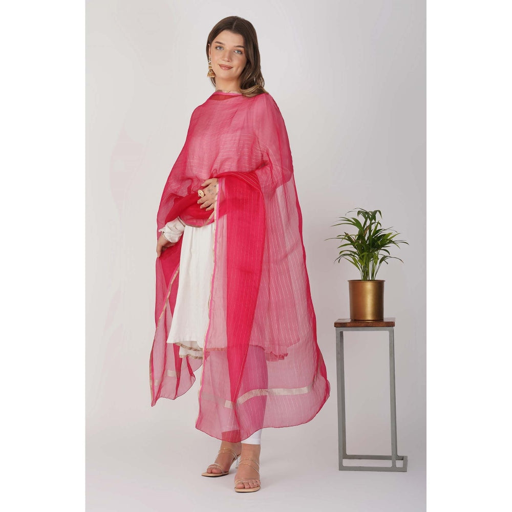 Zal from Benaras Hot Pink Zari Lining Pure Organza Silk Banarasi Handloom Dupatta