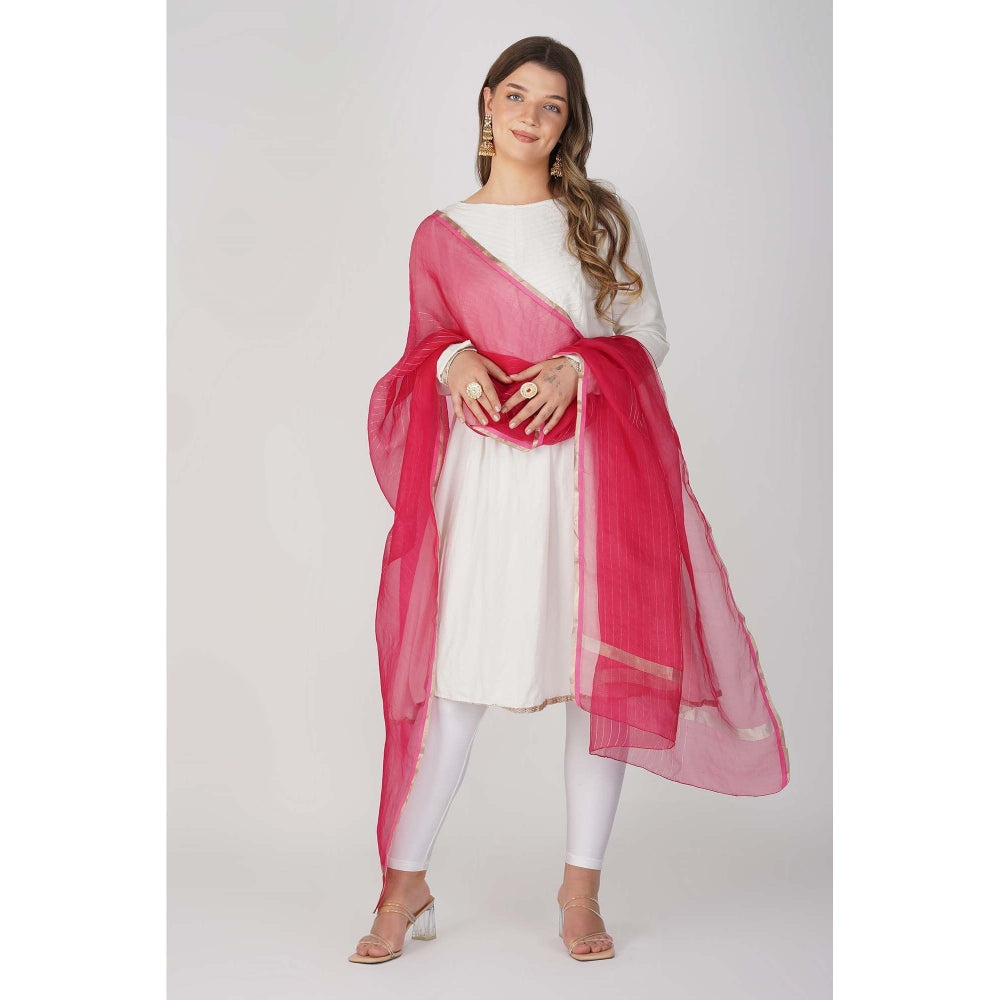 Zal from Benaras Hot Pink Zari Lining Pure Organza Silk Banarasi Handloom Dupatta